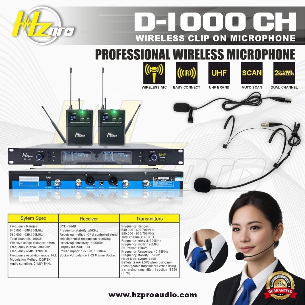 mic wireless hz pro D1000-X black white 2 mic clip one
