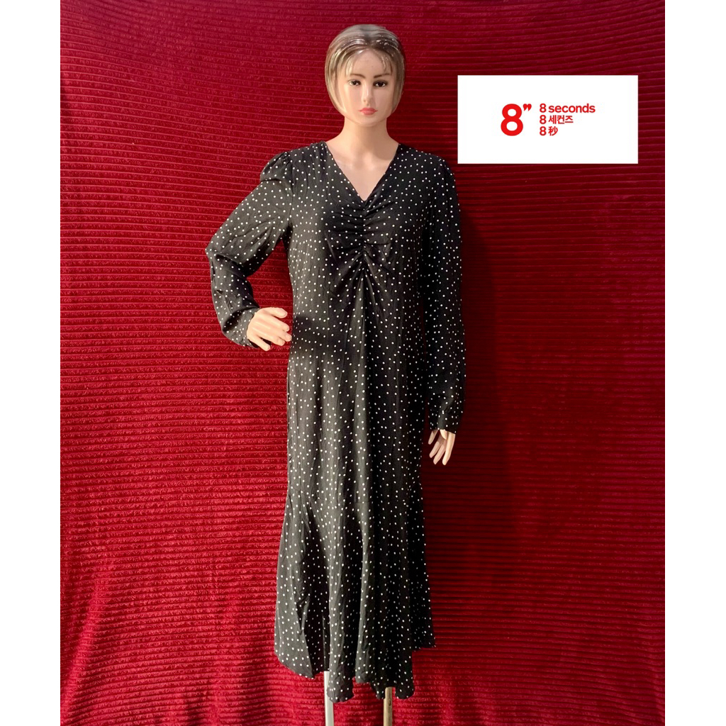 POLKADOT HITAM DRESS WANITA KERUT DEPAN OUFIT KEKINIAN | CANTIK RUFFLE LENGAN PANJANG | RUCHED V NEC