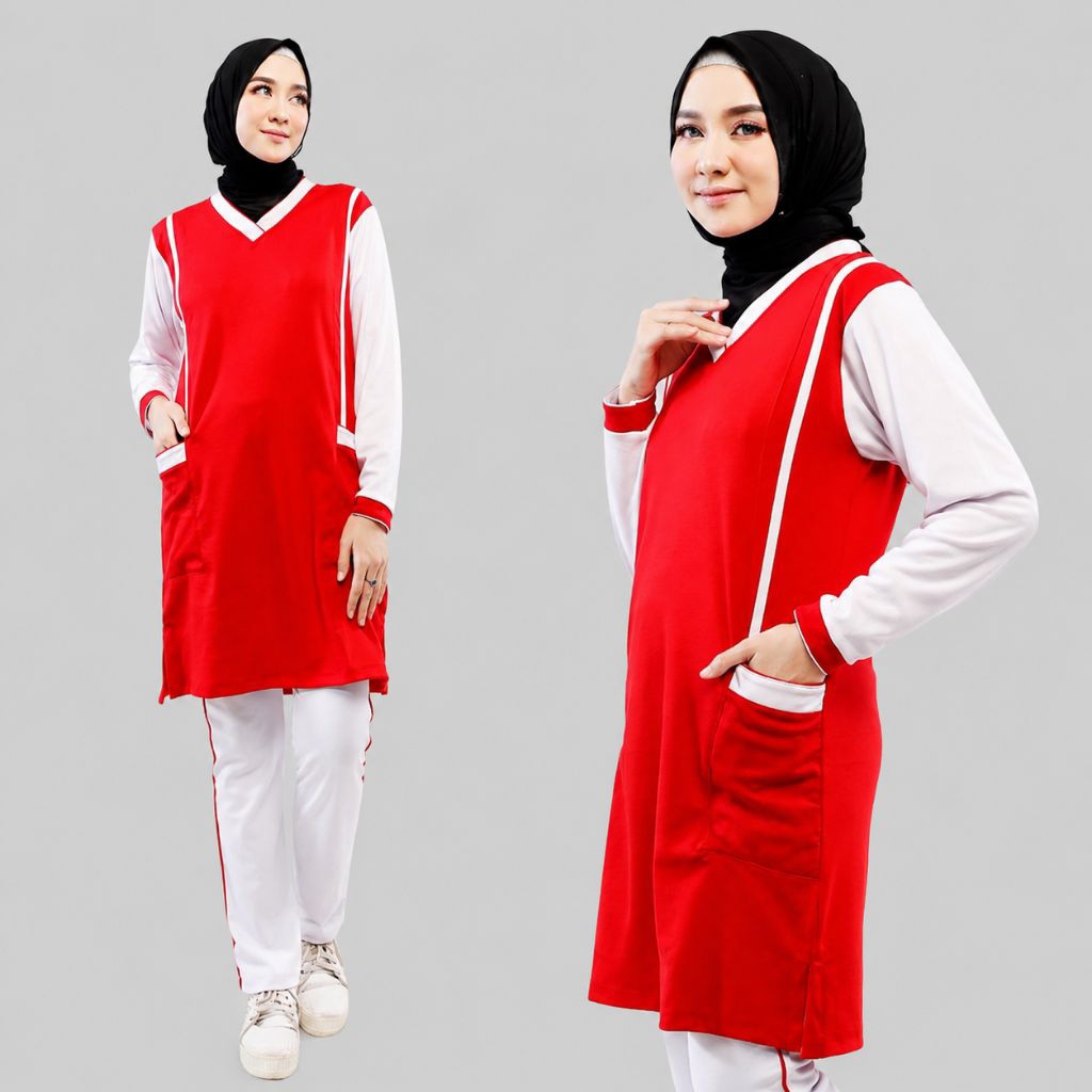 ( Merah Putih ) Setelan Senam tunik | Olahraga wanita merah-putih | Setelan Tunik Muslimah |Olahraga