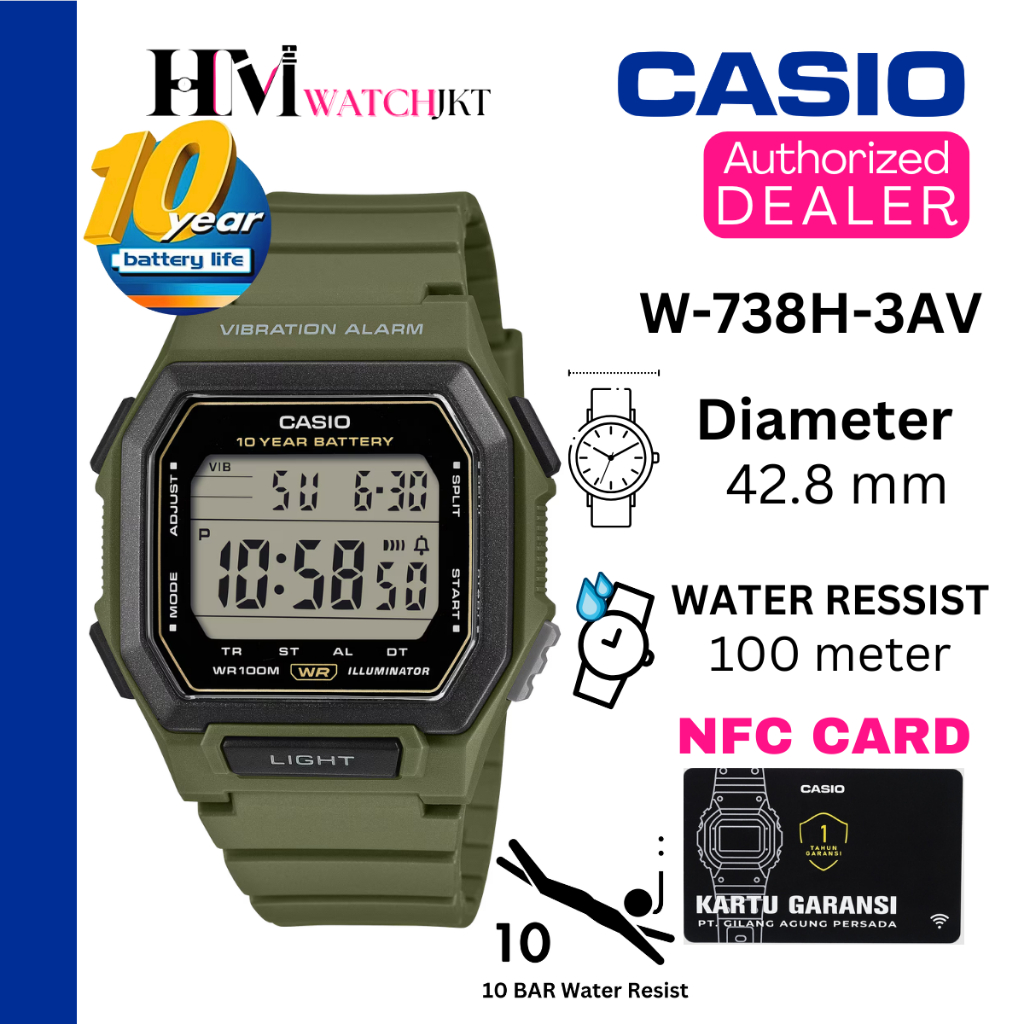 CASIO W-738H-3AVDF Jam Tangan Pria Original Digital Antiair W-738H-3AV W-738