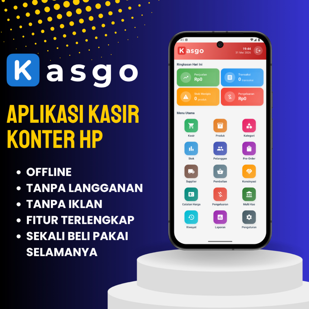 Aplikasi Kasir Konter HP Android Kasgo - Software POS Kasir Pulsa PPOB BRILink Voucher | Offline Per