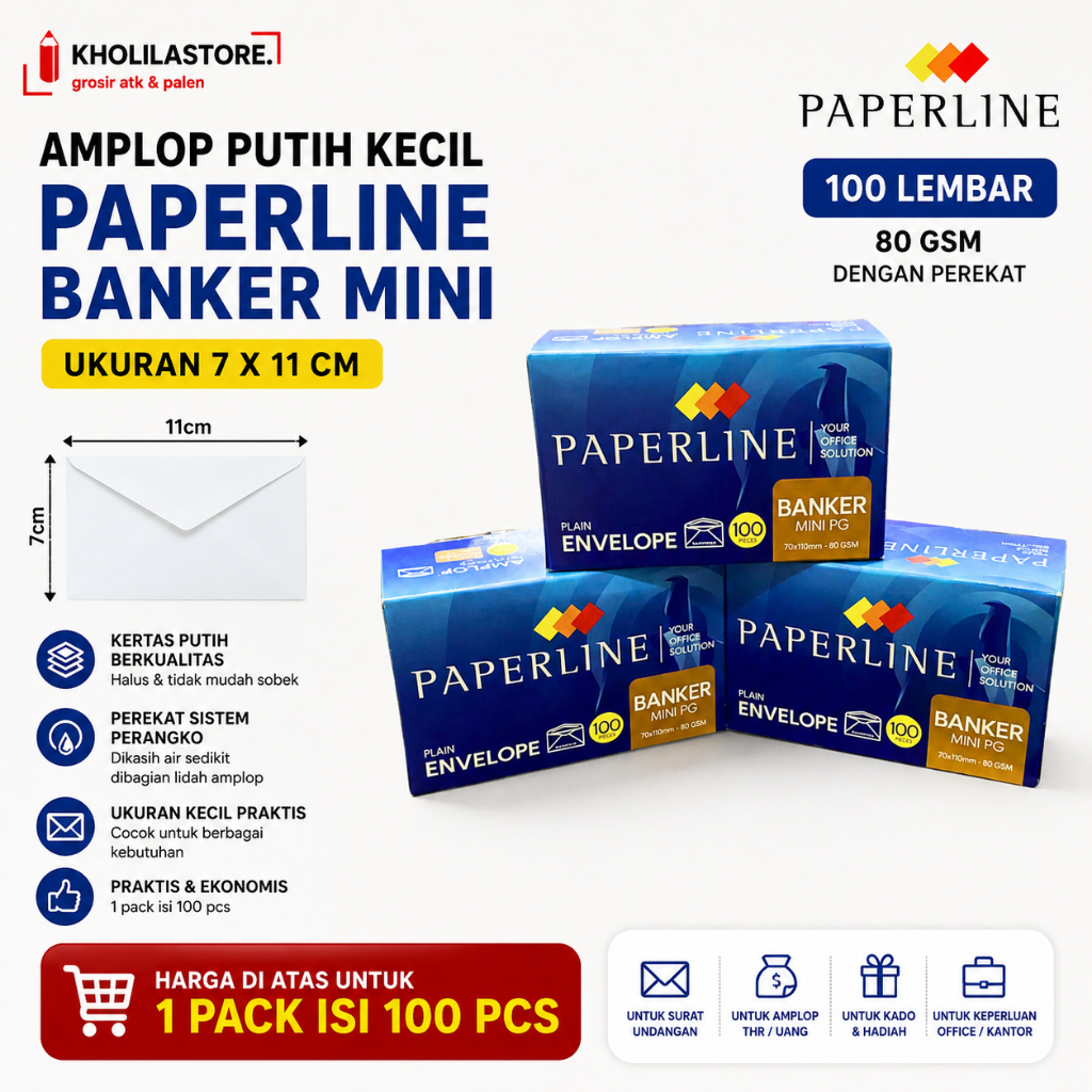Amplop Putih Kecil Paperline Banker Mini 7x11cm 80 GSM Dengan Perekat 1 Pack Isi 100 PCS