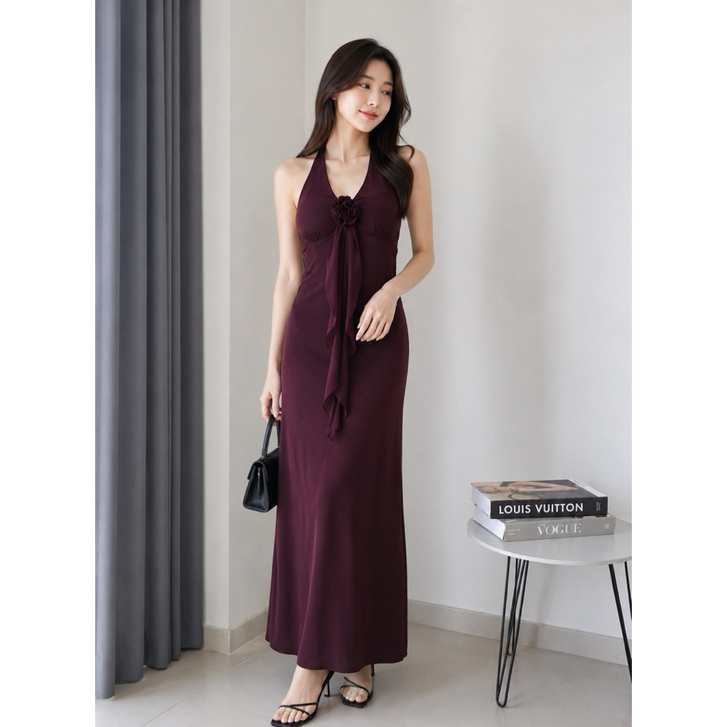 Dress Panjang Wanita Backless Halter Neck Maroon Party Dress
