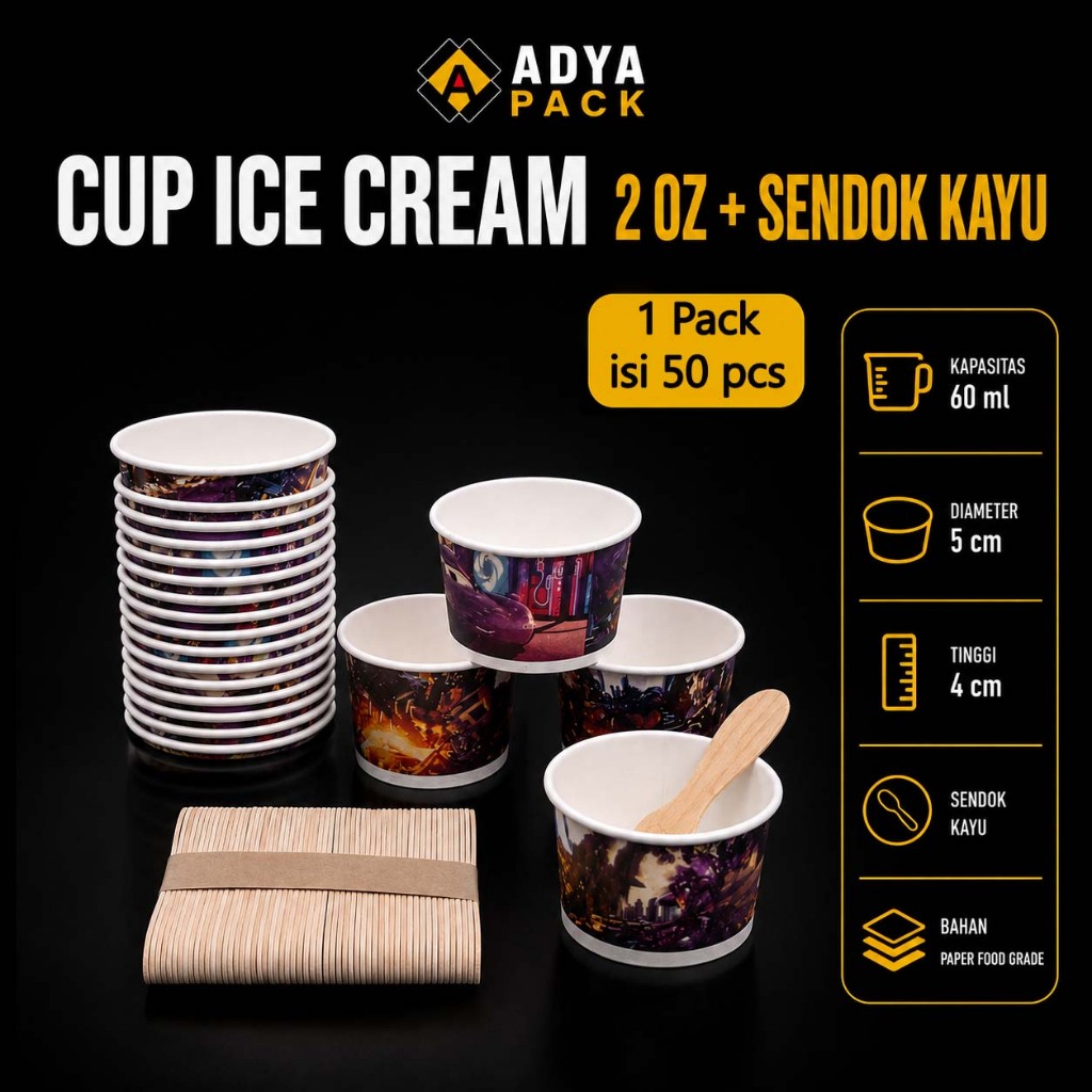 Cup Ice Cream + Sendok Kayu isi 50 - Cup Ice Cream / Papercup Es Krim / Gelas Kertas 2 Oz
