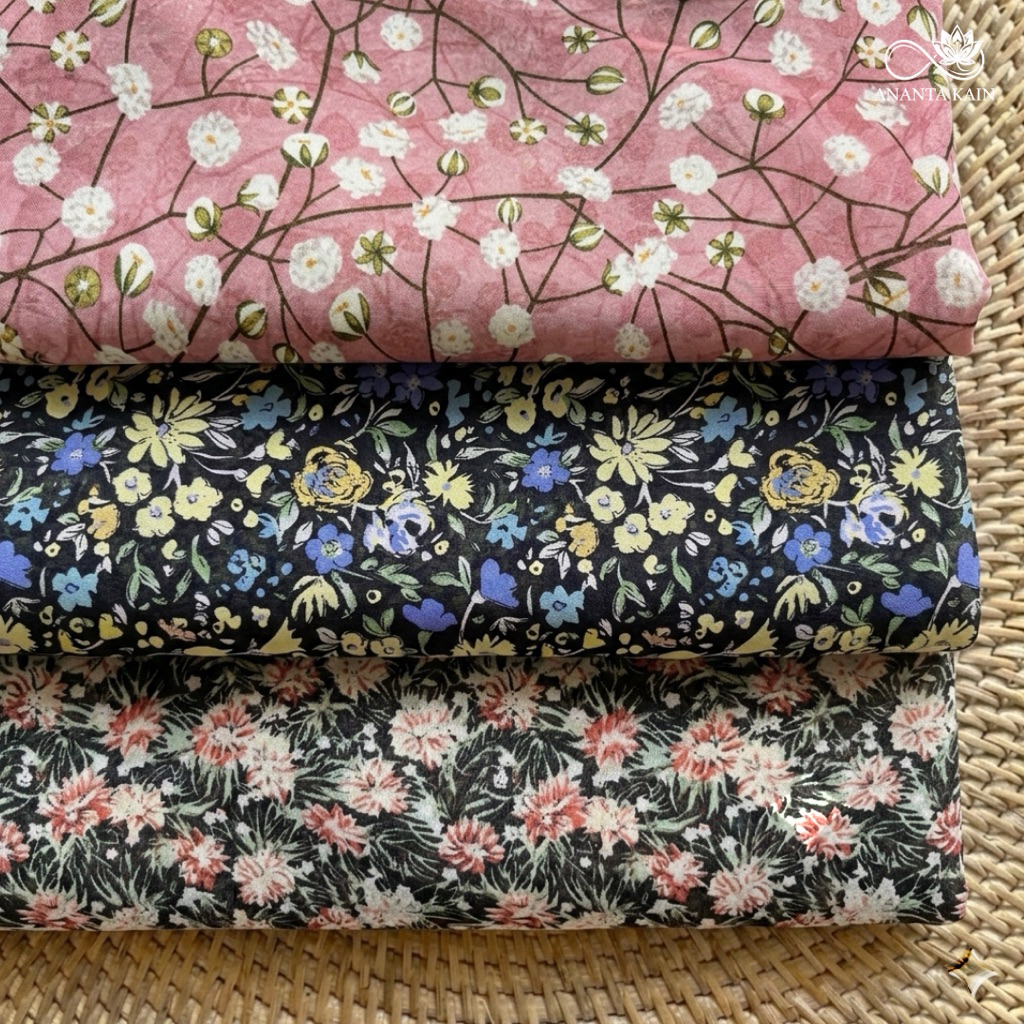 kain sifon sutra premium motif bunga kecil pink dan hitam