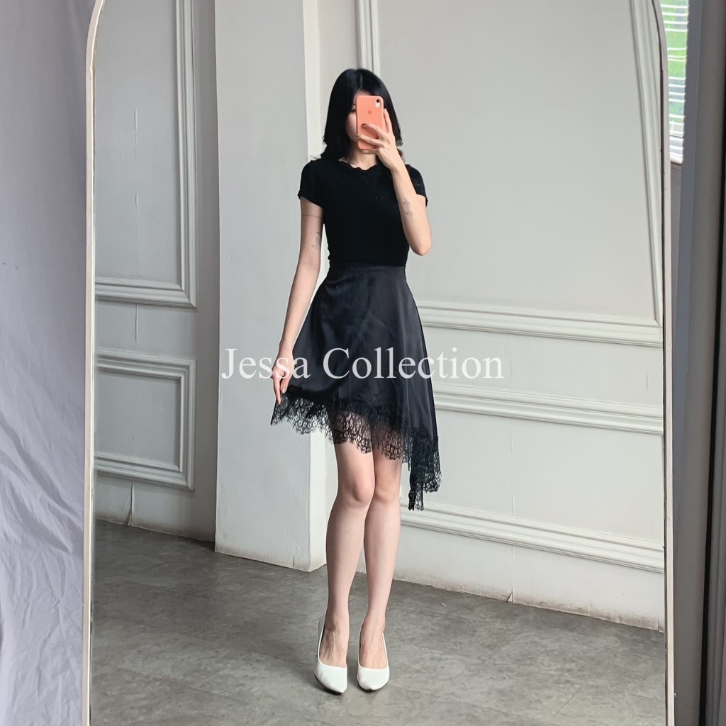 JESSA Rok Asimetris Megy FG Rok Pendek Wanita Motif Polos Bahan Satin Simple