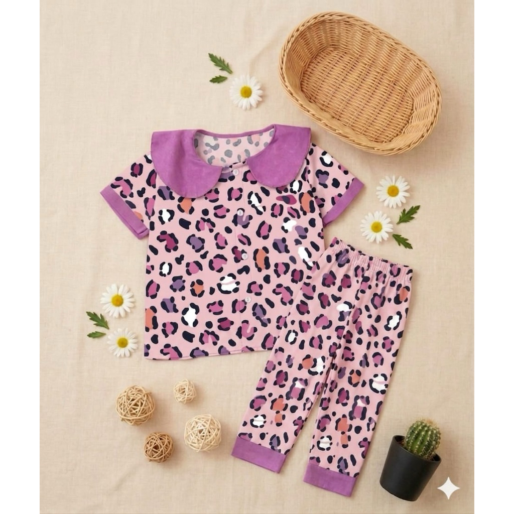 One set stelan lengan pendek celana panjang bahan rayon adem premium motif leopard warna pink ungu c