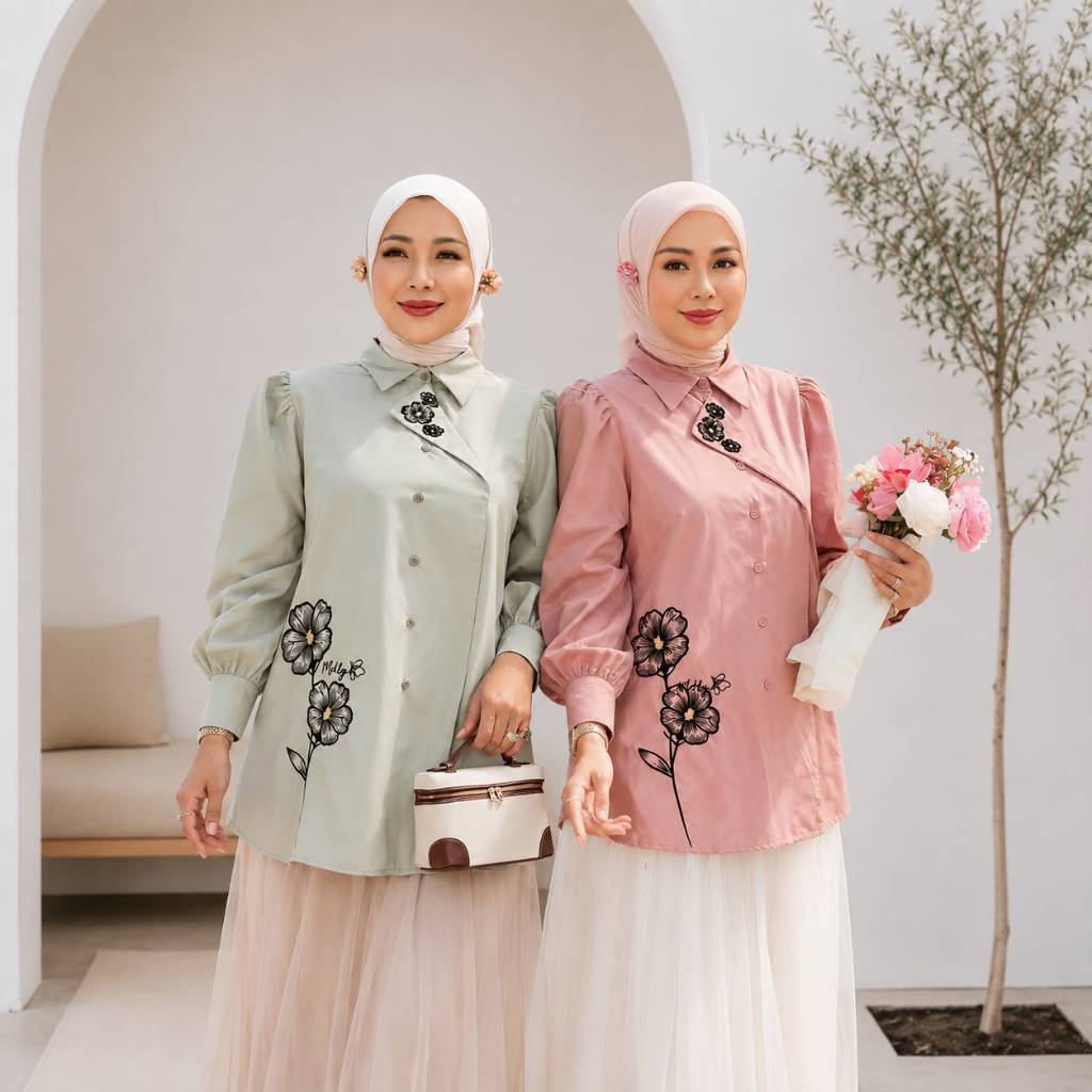 Yomna Shirt by MDLY Shirt Premium Bordir Bunga Kemeja Wanita Muslim Elegan Lengan Panjang Tunik Kant
