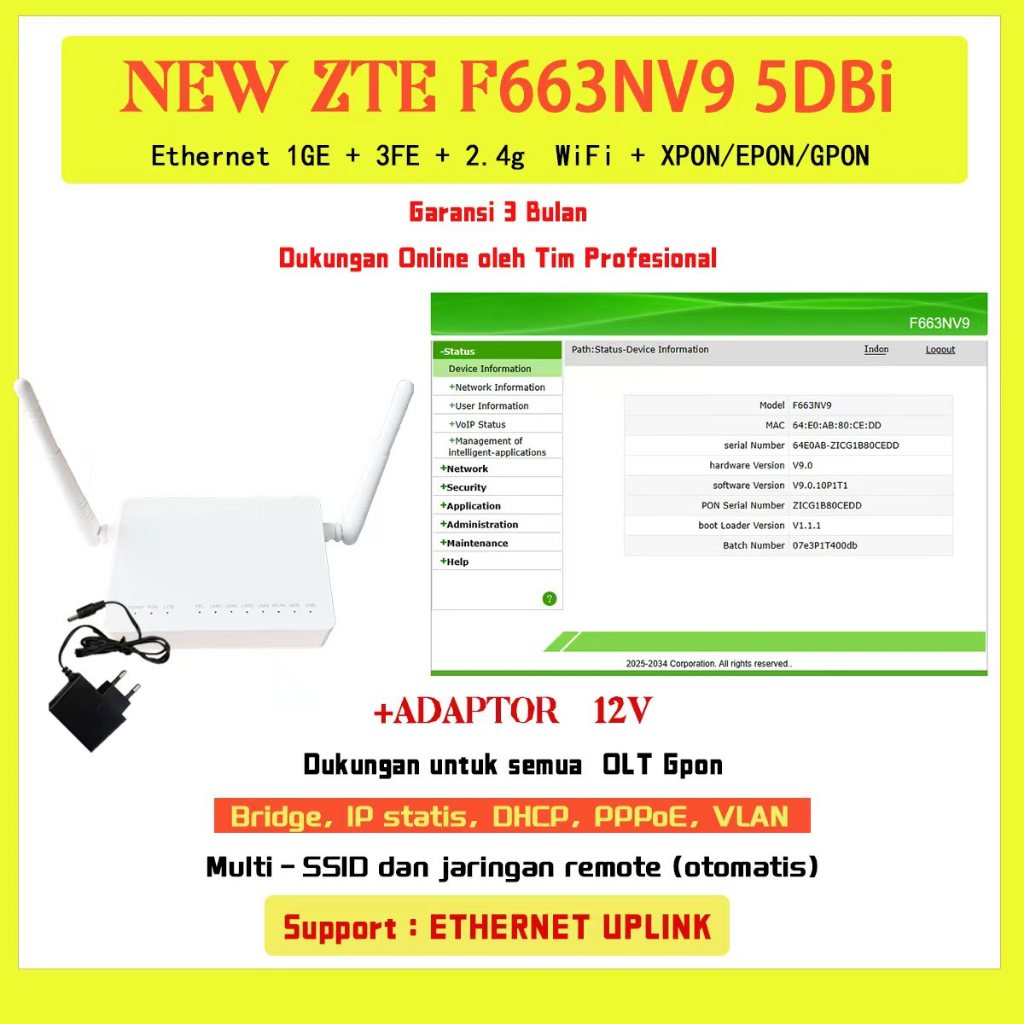 Modem ONT ZTE F663NV9 XPON GPON EPON Cocok Indihome Starlink Mikrotik Support OMCI Satu Set Dengan A