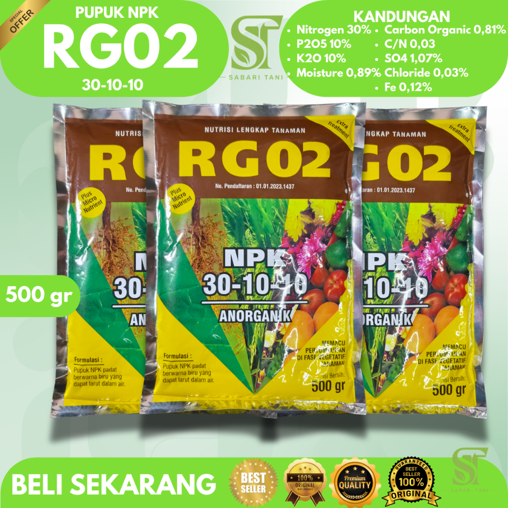 PUPUK NPK RG02 30-10-10 ANORGANIK 500 GRAM Nutrisi Lengkap Fase Vegetatif