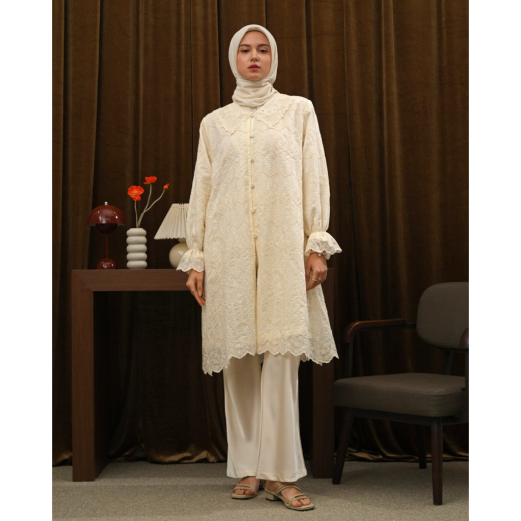 VIANDRA | Talina Midi Dress Bordir Premium Kerah Lebar Baju Kondangan Wanita Elegan Mewah Busui