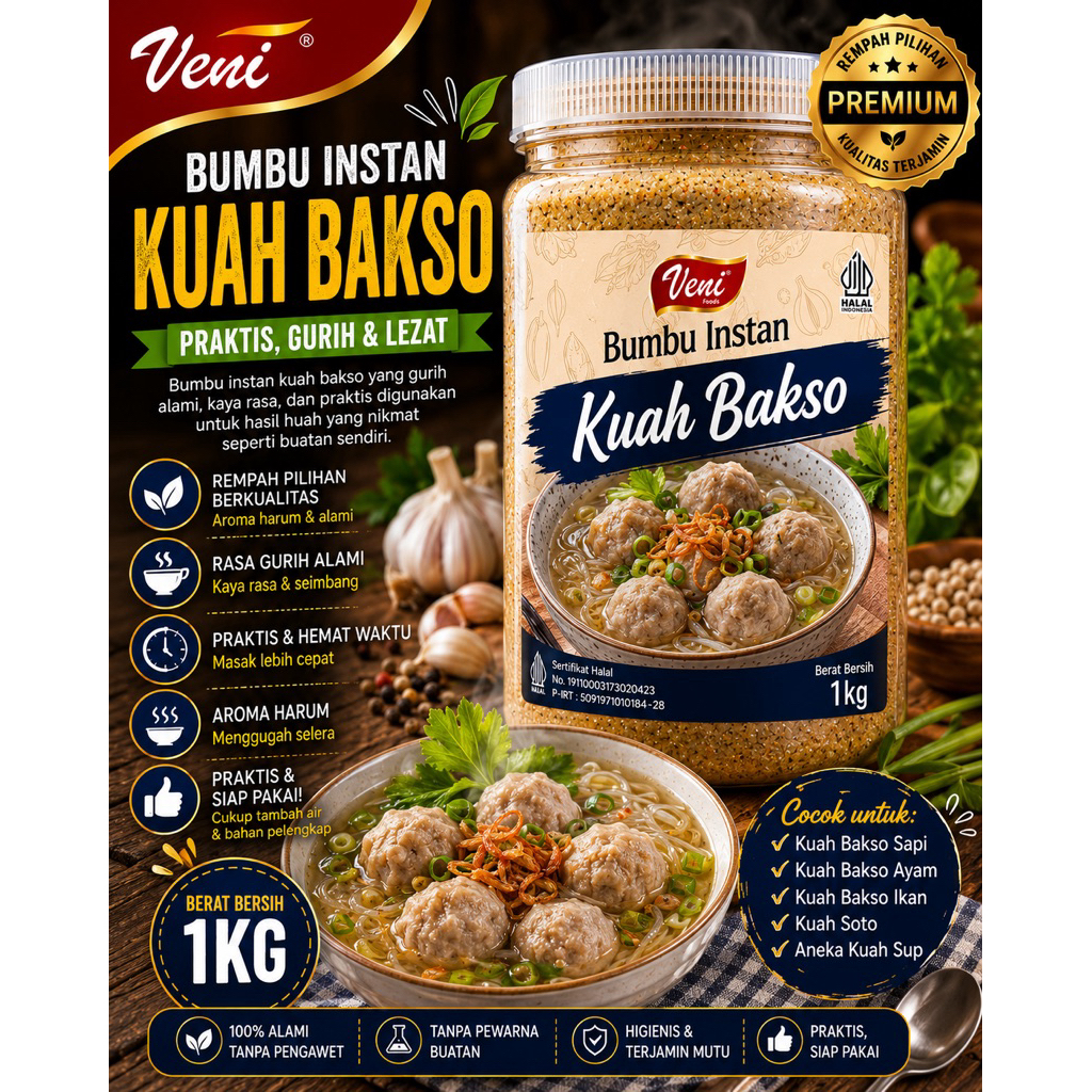 Bumbu Instan Kuah Bakso 1Kg Veni Bumbu | Bumbu Kuah Bakso Gurih | Bumbu Giling Basah Premium | Prakt