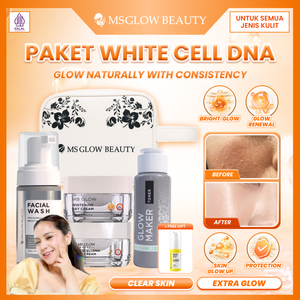 MS Glow Paket Wajah White Cell DNA WCD 5PCS Skincare Set Kulit Sensitif dan Flek - Facial Wash + Ton