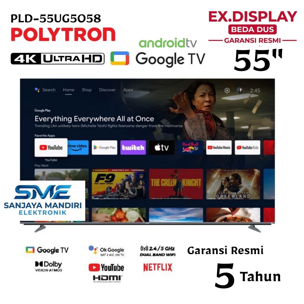 GARANSI 5 TAHUN POLYTRON UHD 4K 55" Google TV POLYTRON TV 55 Inch 4K UHD Smart Google TV PLD 55UG505