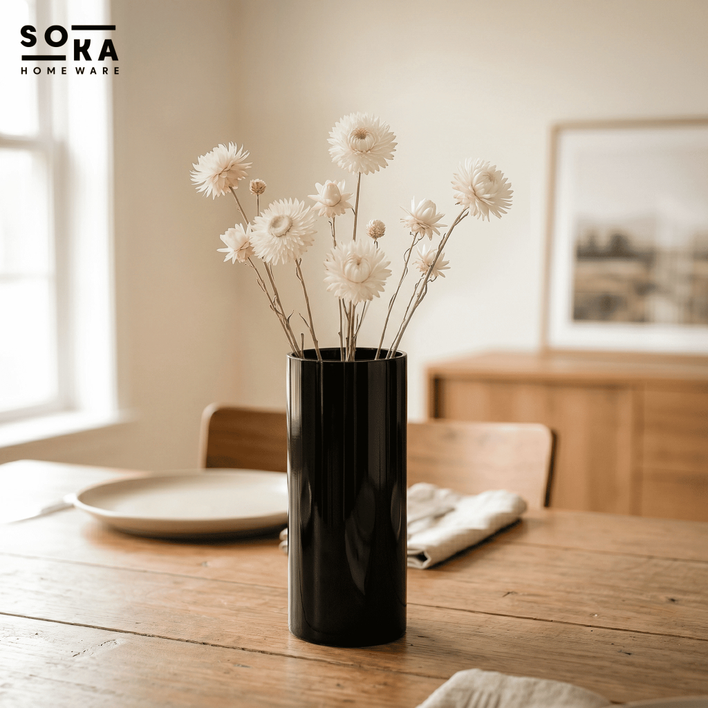 Vas Bunga Kaca Hitam Silinder Besar Aesthetic / Black Glass Cylinder Vase Tinggi 30cm