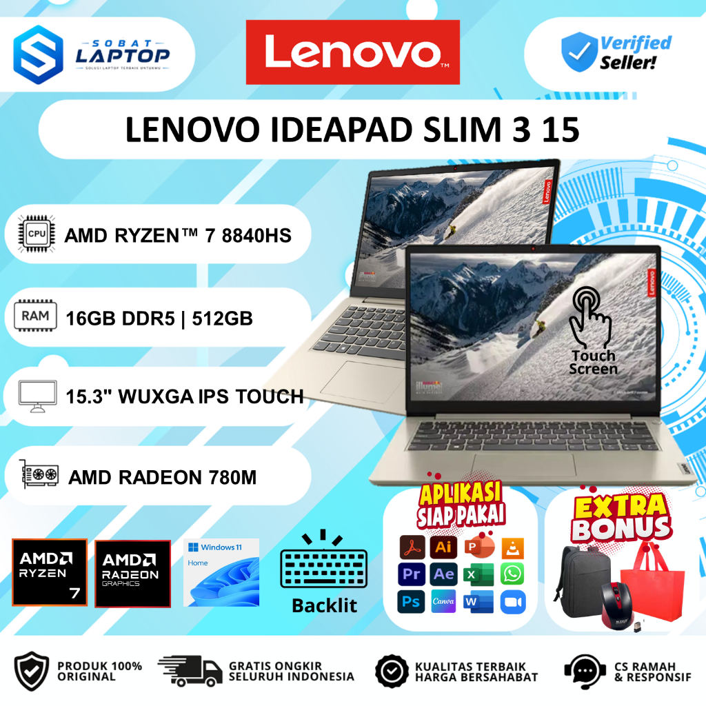 Lenovo IdeaPad Slim 3 15 Ryzen 7 8840HS 16GB 1TB SSD Touch WUXGA Win11Home