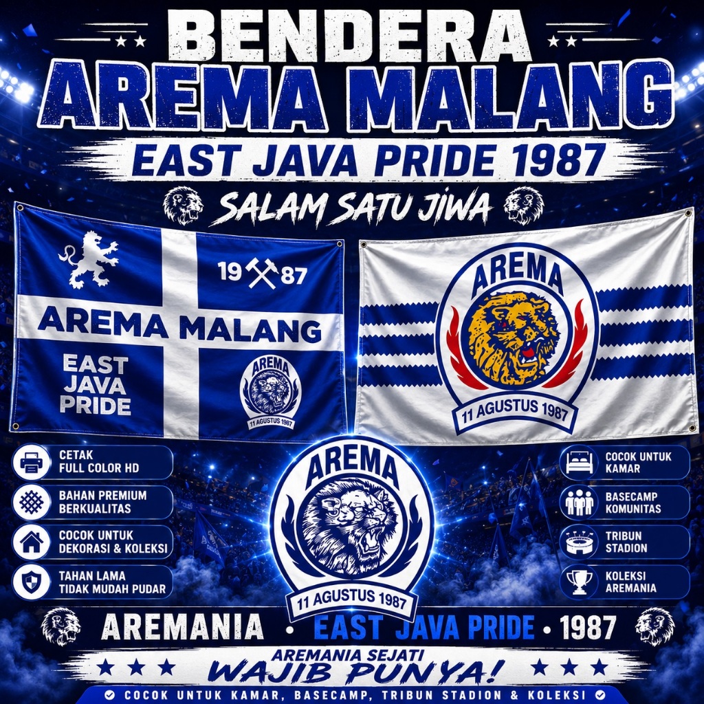 Bendera Arema Malang East Java Pride 1987 – Bendera Suporter Arema FC Singa Biru Premium
