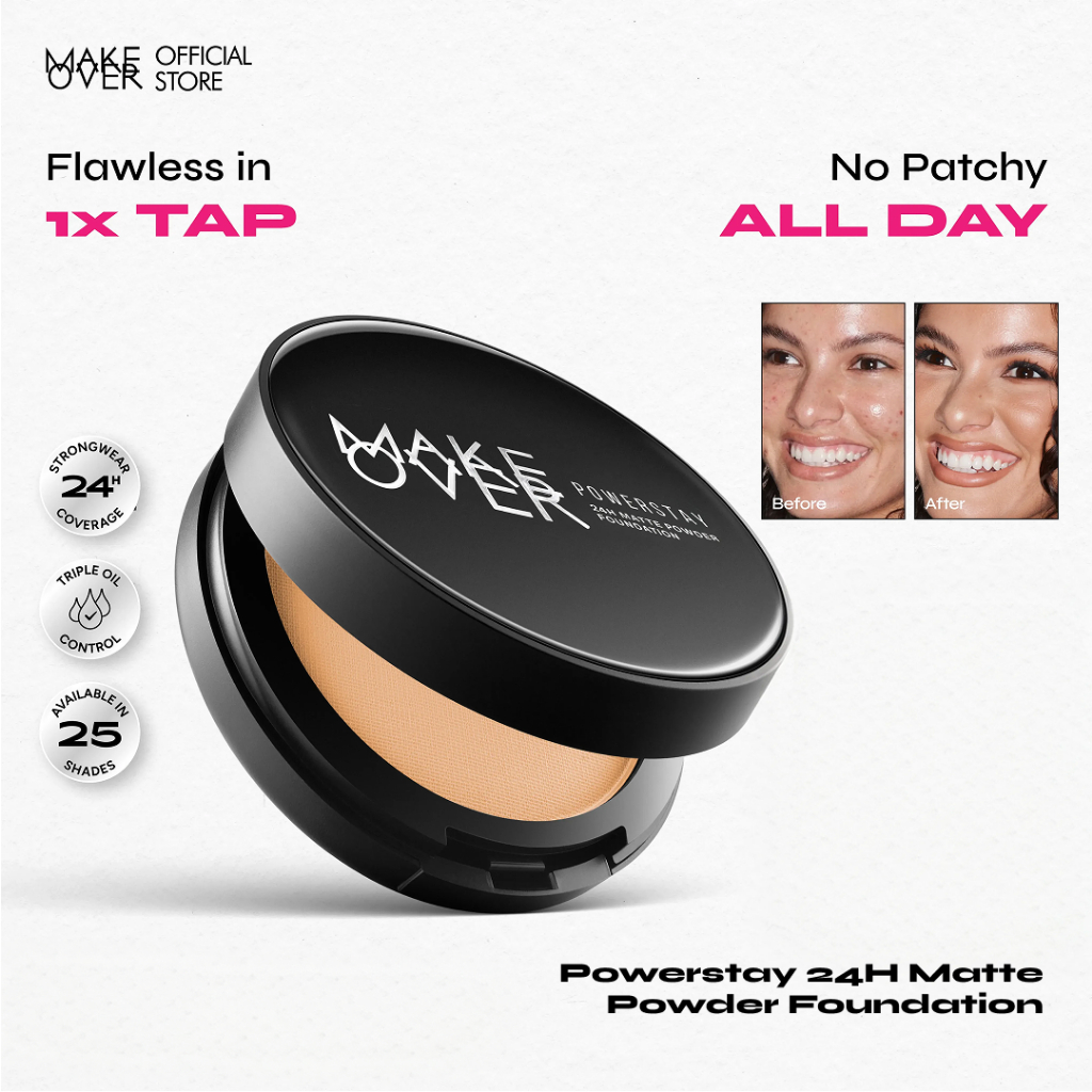 MAKE OVER Powerstay 24H Matte Powder Foundation - Bedak Padat High Coverage Ringan Compact Flawless 