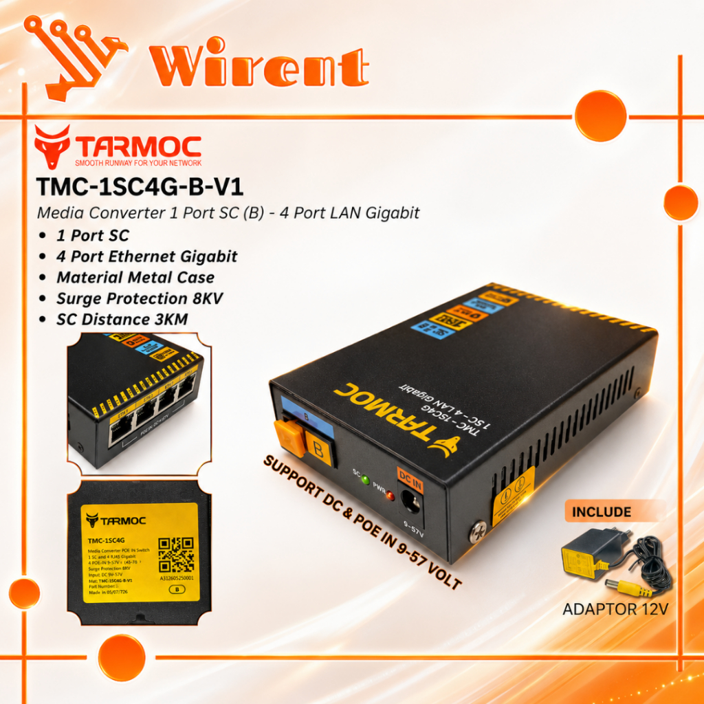 Tarmoc TMC-1SC4G-B-V1 | Media Converter Switch 1FO 4LAN / 1 FO 4 LAN Gigabit POE IN 9-57 Volt | 1SC 