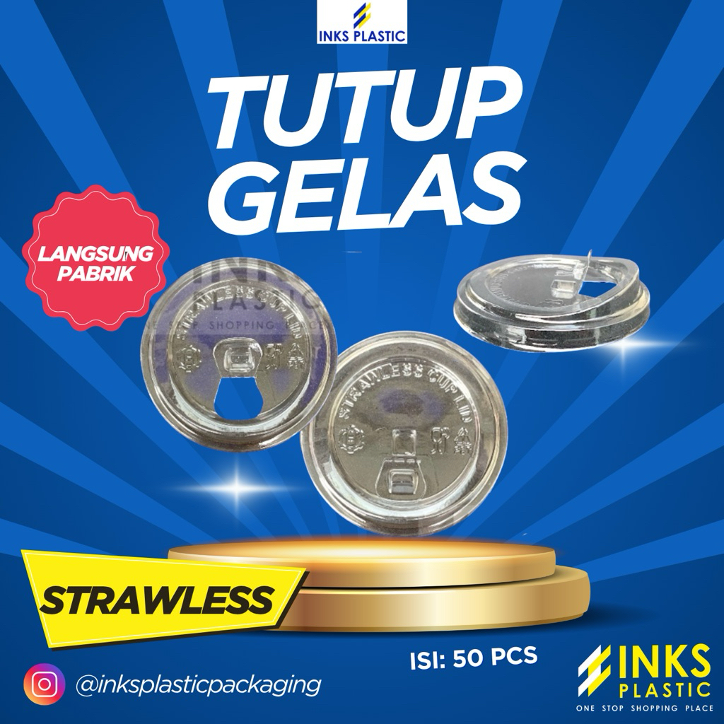 STRAWLESS FLAT LID PET/TUTUP GELAS STRAWLESS LID CUP PLASTIK (50 PCS)