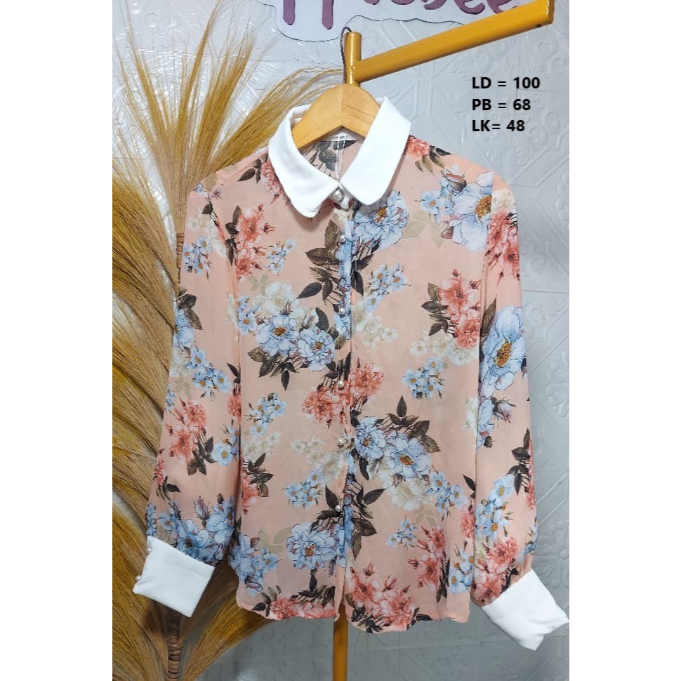 KEMEJA BLUS SIFON BUNGA MANSET PUTIH