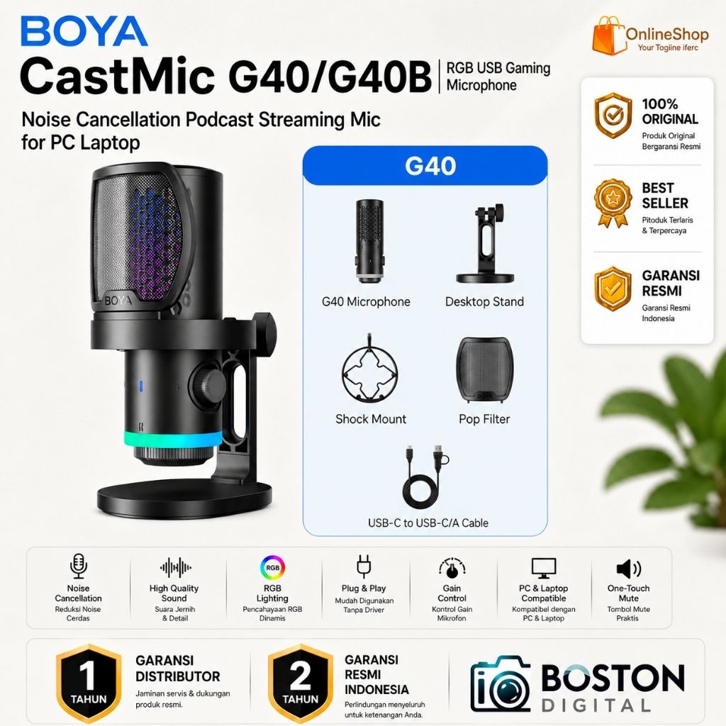 BOYA CastMic G40/G40B RGB USB Gaming Microphone Noise Cancellation Podcast Streaming Mic for PC Lapt