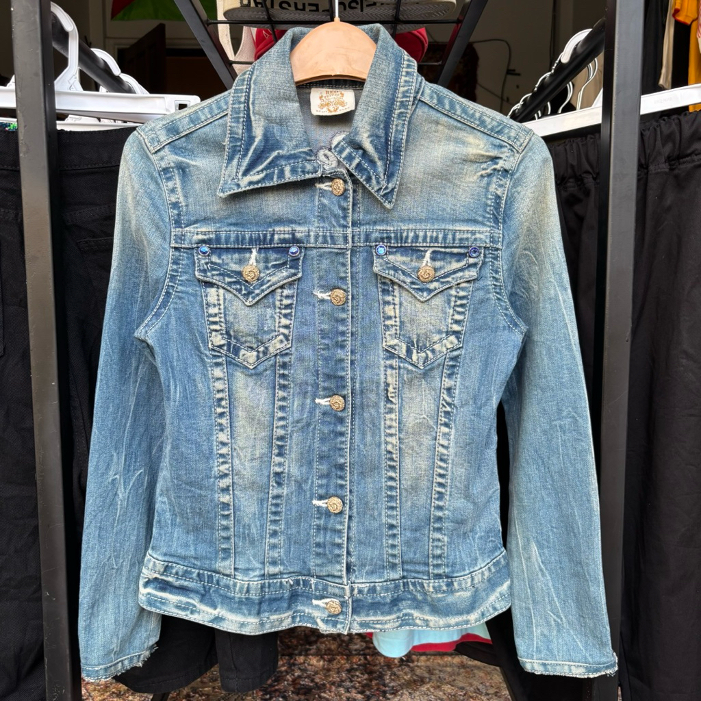 Y2K Red Pepper Denim Jacket Wing Embroidery