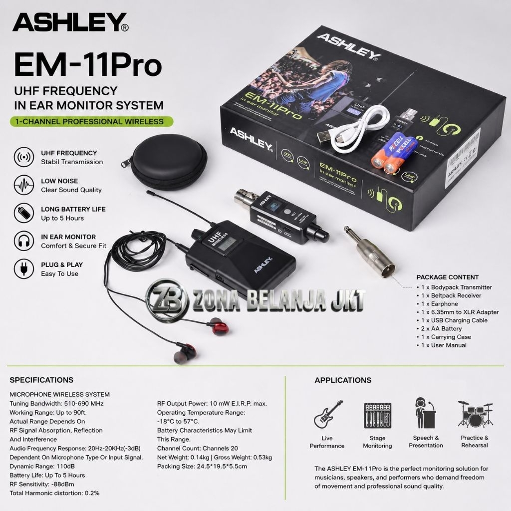 Ear Monitor Wireless ASHLEY EM 11Pro Single In Ear Monitor Wireless System UHF Frequency Murah Berku