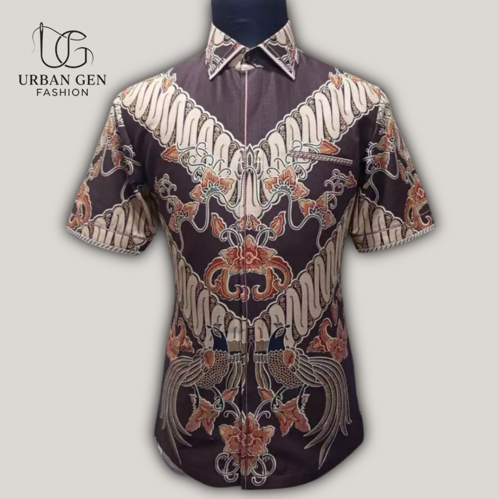 Kemeja Batik Pria Premium Tailor Motif Traditional Floral Navy/Coklat Lengan Pendek Formal Exlusive 