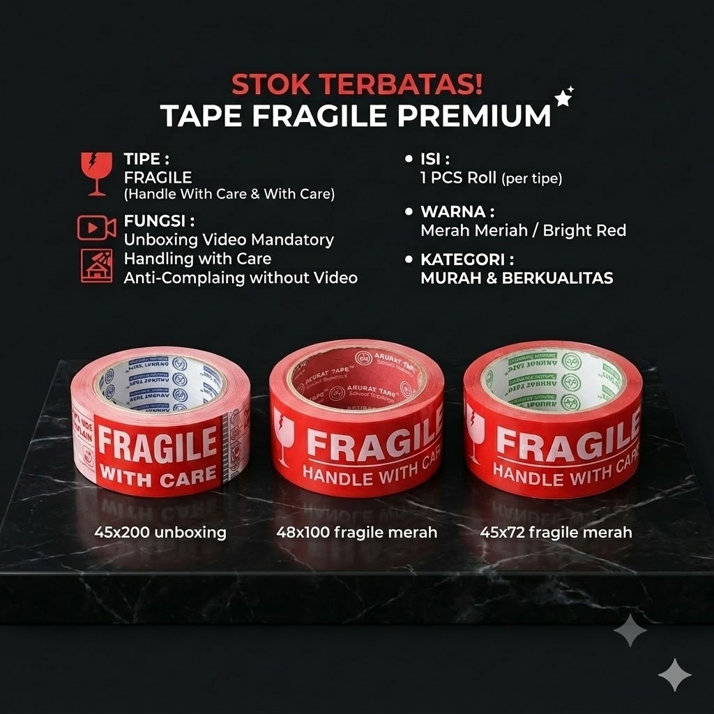 Fragil Merah Unboxing 48×200yrd 48x100yrd 48x72yrd Tebal 1 pcs / Lakban Merah Fragile Tebal