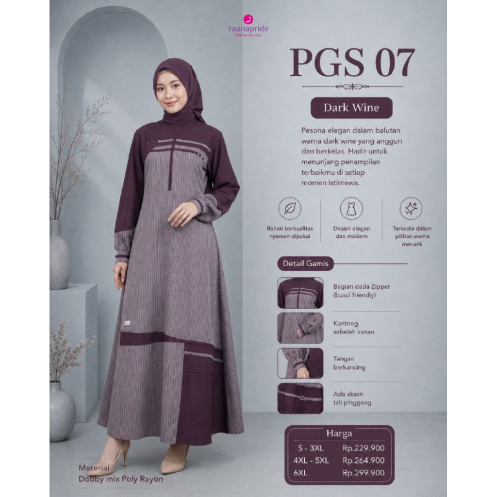 PARADE GAMIS SPESIAL 07 BY RAUNA, GAMIS RAUNA BURGUNDY, GAMIS RAUNA DENIM, GAMIS BURGUNDY RAUNA