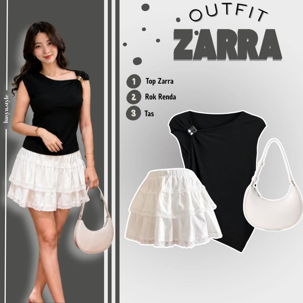 One Set 3in1 Korean Style (Top Arra+Rok Jeans/Renda+Tas Shoulder) Zarra Outfit Fashion Remaja Kekini