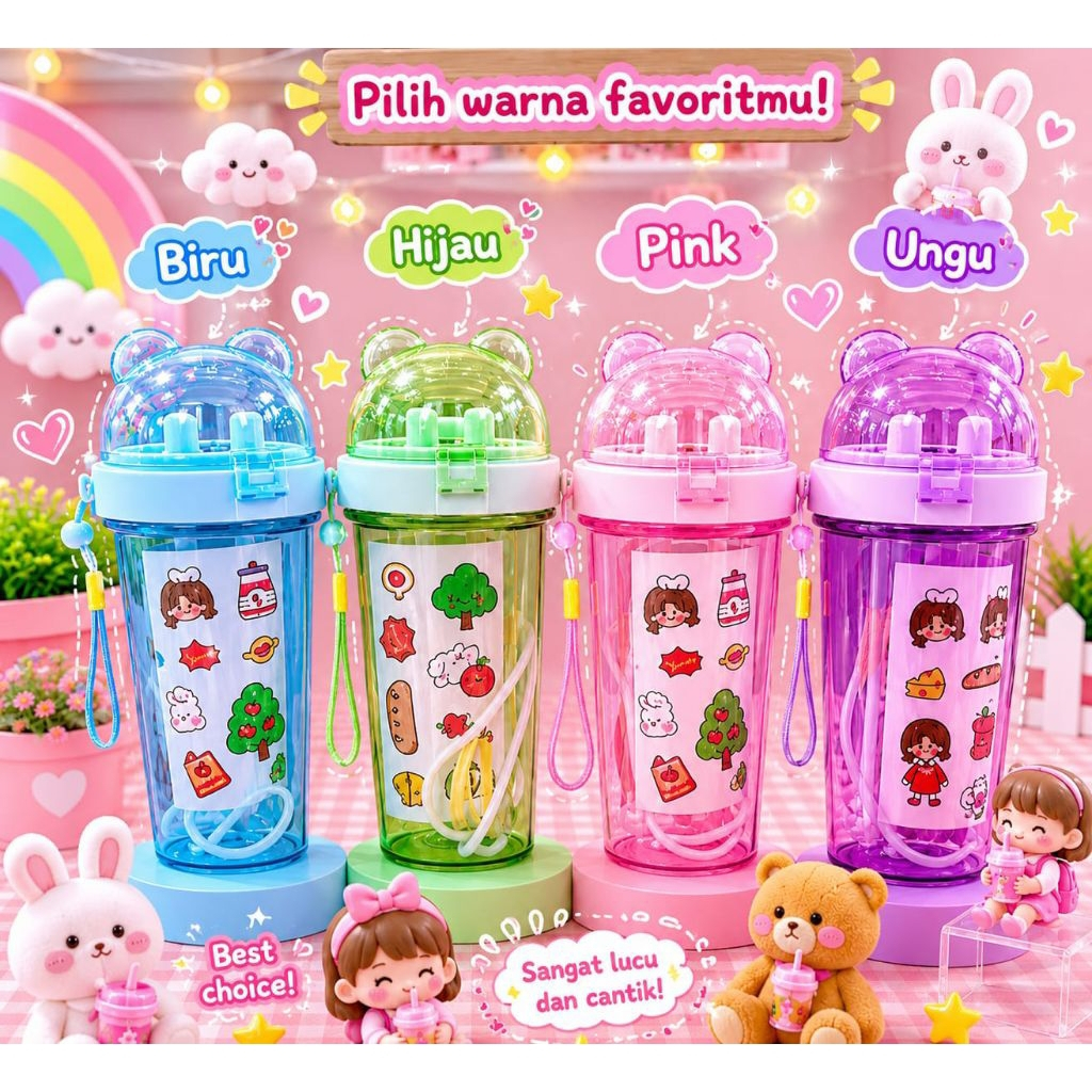 BOTOL 2 SISI 420ML / BOTOL ANAK BENTUK BERUANG + STICKER DAN GANTUNGAN