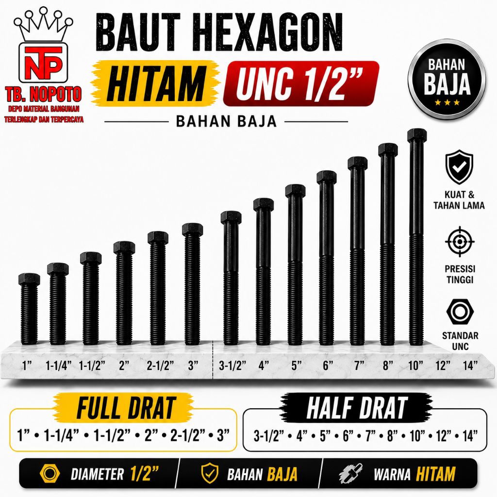 Baut Mur Baja Hitam 1/2 Inch HTMF Hitam - Baut Hitam - Baut UNC - Semua Ukuran Panjang