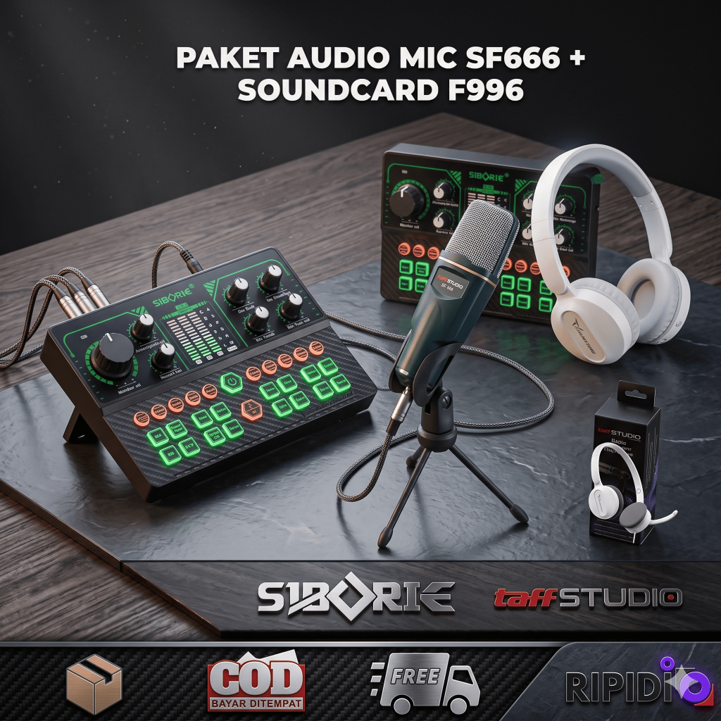 Paket Alat Podcast Live Streaming Mic Condenser SF666 + Soundcard F996 Siborie Taffstudio Lengkap Mu