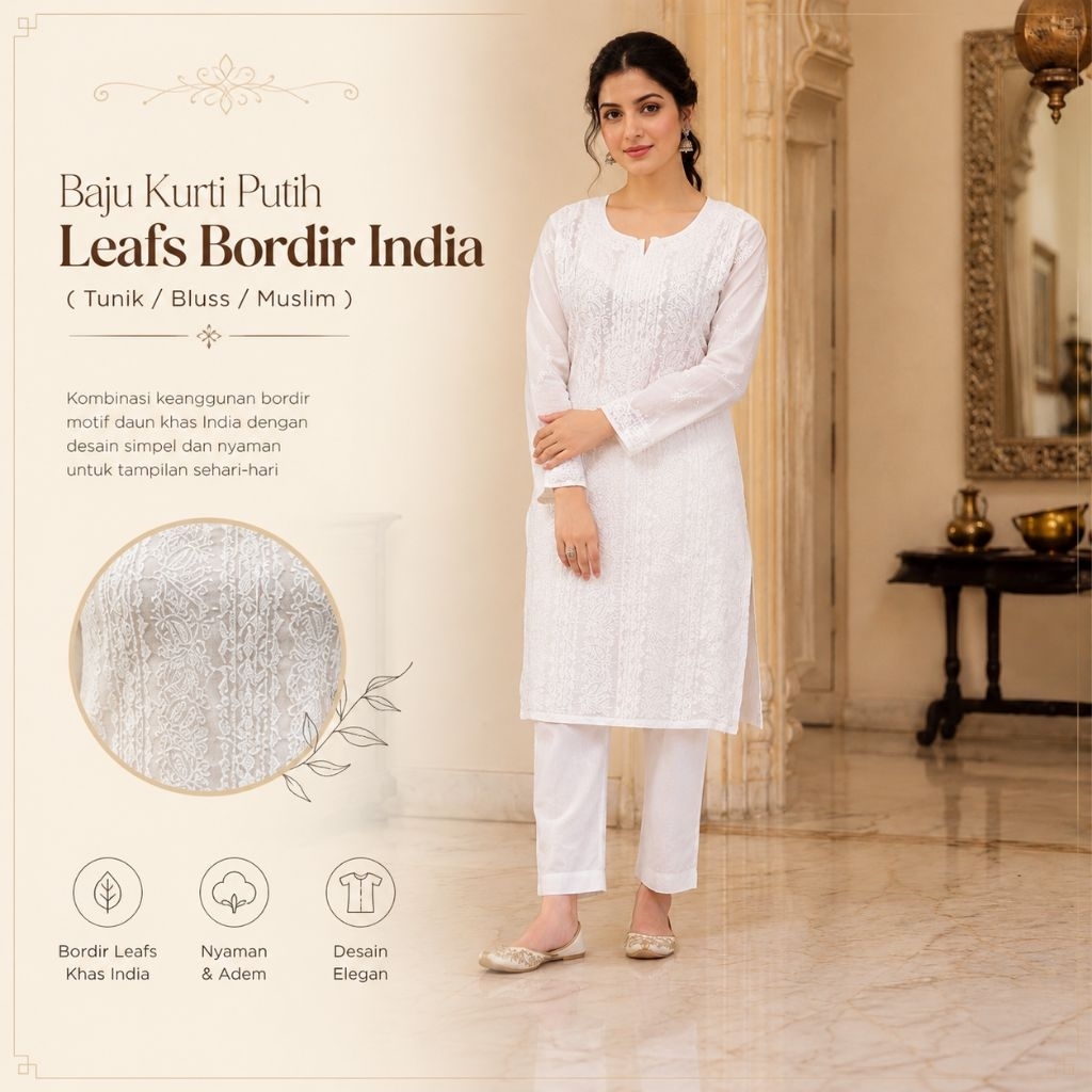 Baju Kurti Putih Leafs Bordir India ( Tunik / Bluss / Muslim )