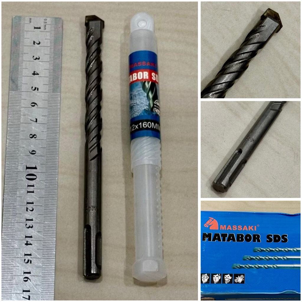 MASSAKI 12x160 Mata bor beton colok 12mm x 16cm sds plus tembok dinding hammer drill 12 mili concret