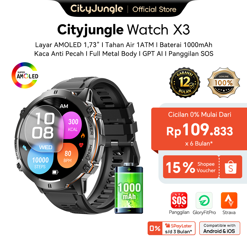 Cityjungle Smartwatch X3 Layar AMOLED 1,72" Baterai 1000mAh Tahan Air 1ATM Kompas Altimeter AI Fitne