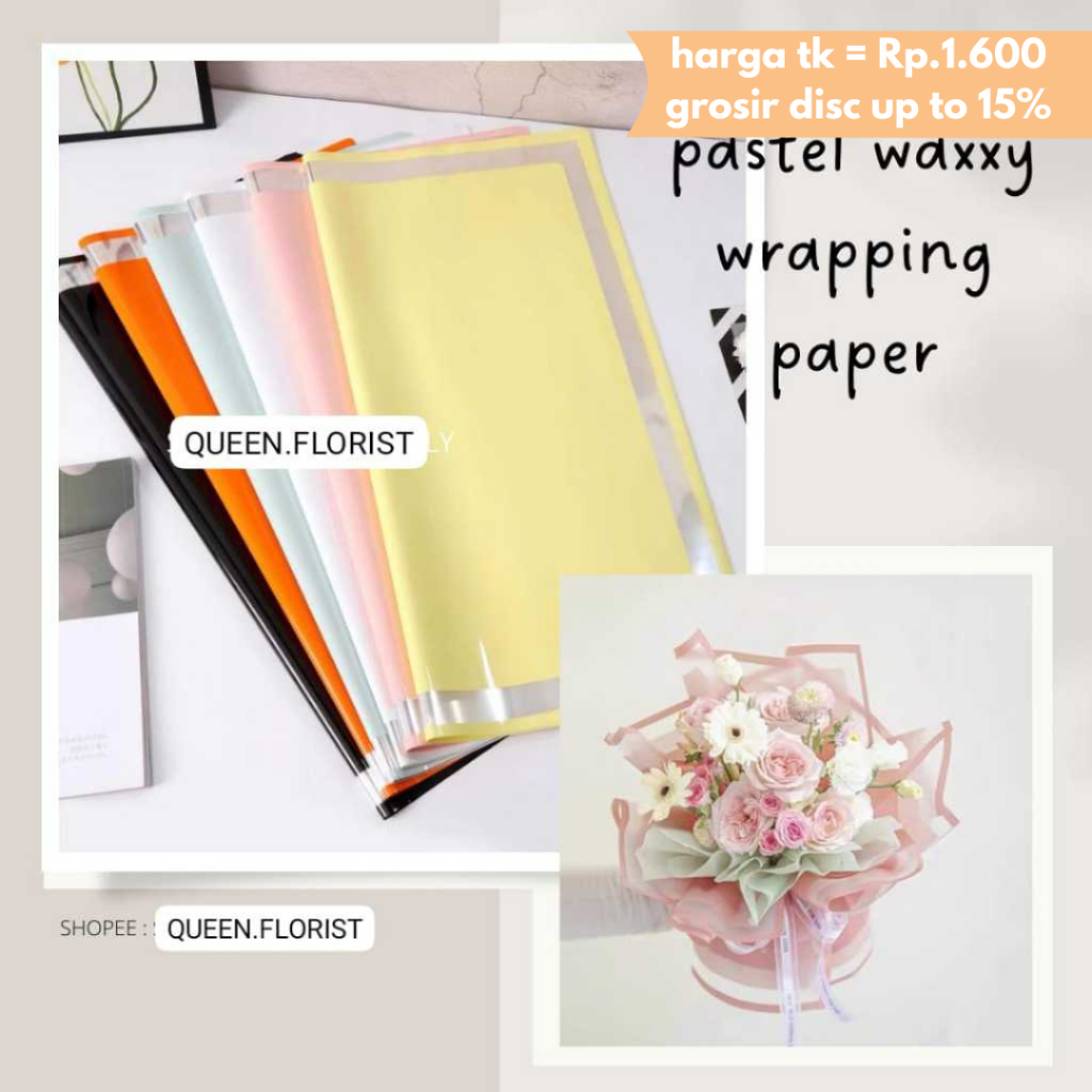 [GROSIR] PASTEL WAXXY OPP WRAPPING PAPER TRANSPARENT FRAME GOLD LINE FLOWER WRAPPING CELLOPHANE WATE