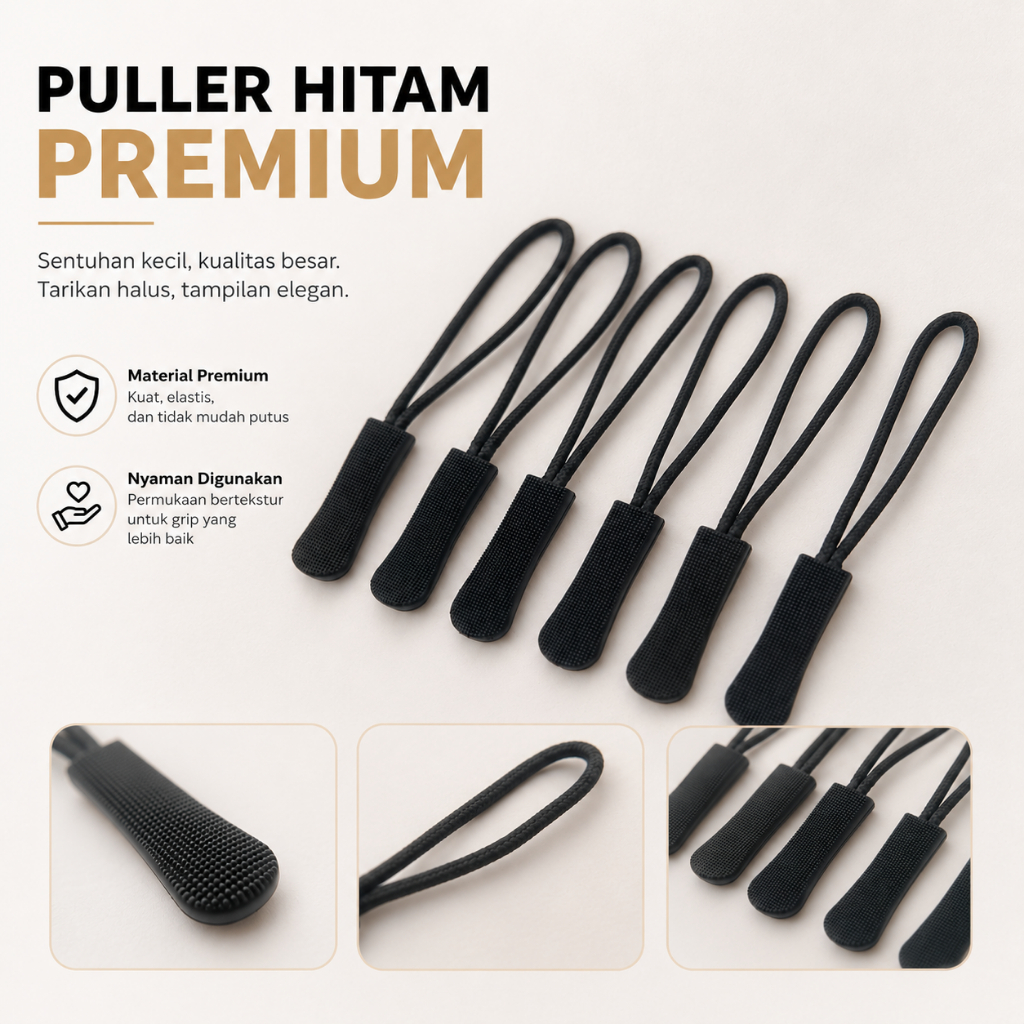 (1000 PCS) Tarikan Resleting Tas Jaket/Puller Tas/Puller Cord/Puller Rope Hitam Polos, Desain Slim, 