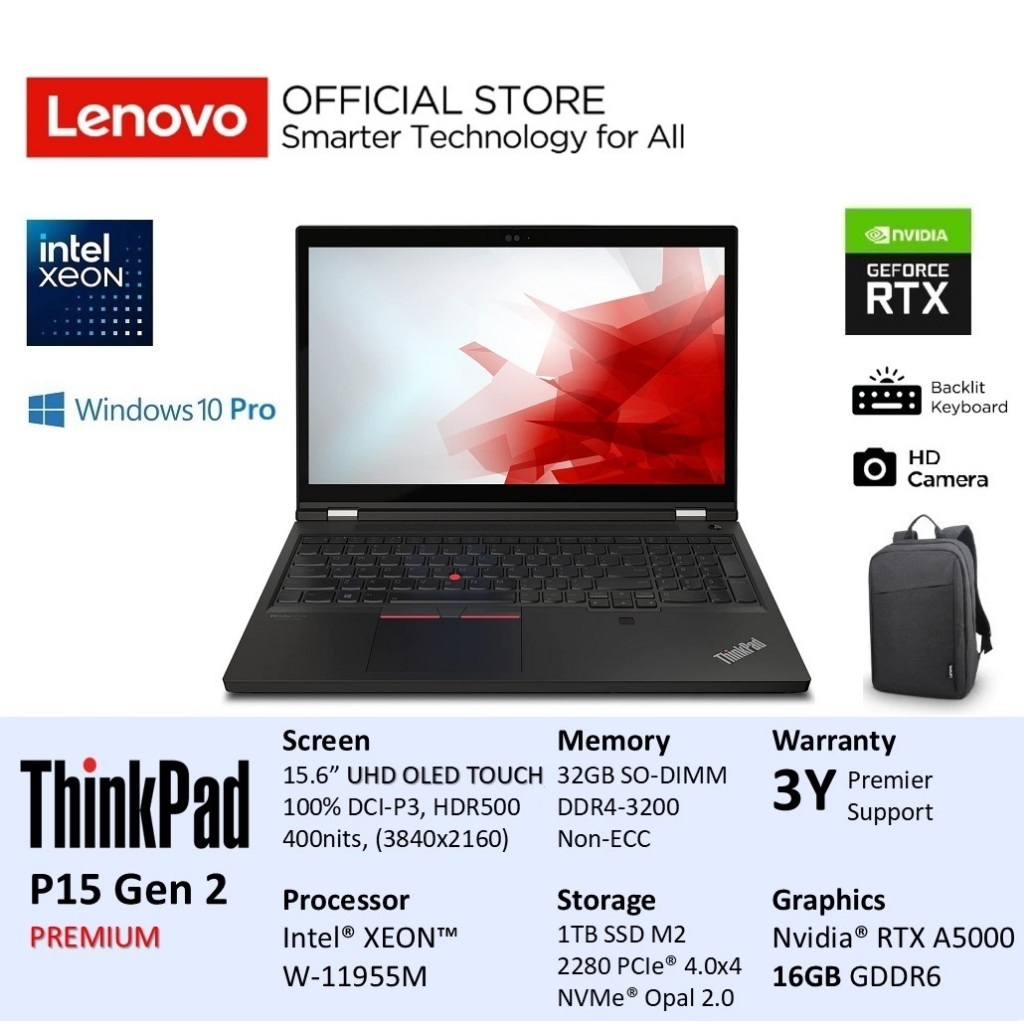 Lenovo ThinkPad P15 Gen 2 Intel Xeon W-11955M 32GB 1TB NVidia RTX A5000 16GB Win10Pro 15.6" UHD OLED