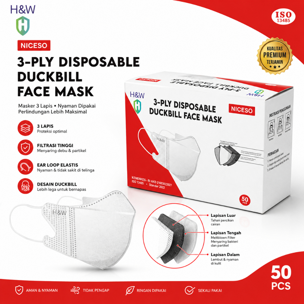 50 Lembar Masker Wajah Dewasa Duckbill 3 Ply - Desain Nyaman, Filtrasi Efektif, Warna Mix H&W Niceso