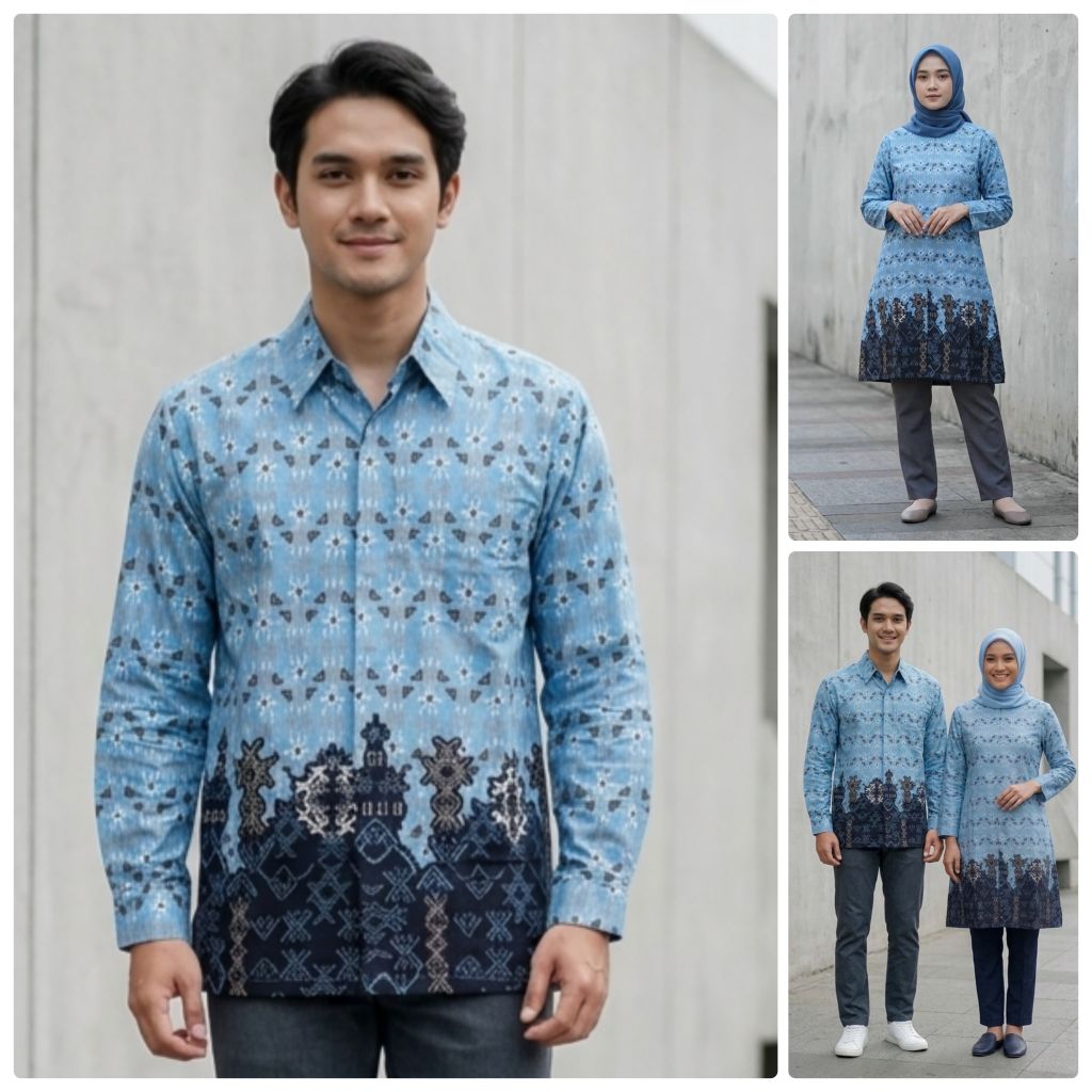Batik Pria Lengan Panjang Baby Blue Bahan Katun Reguler - Seragam Batik Pria Kantor Dan Pesta - Fati