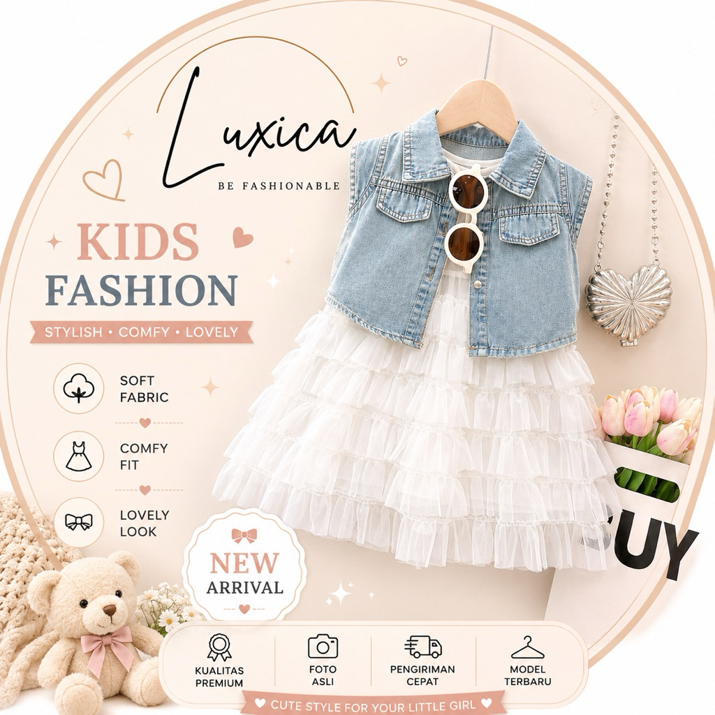 LUXICA 3-10 tahun stelan 2 in 1 outer denim dress tutu layer fashion Viral Anak Perempuan Termurah s