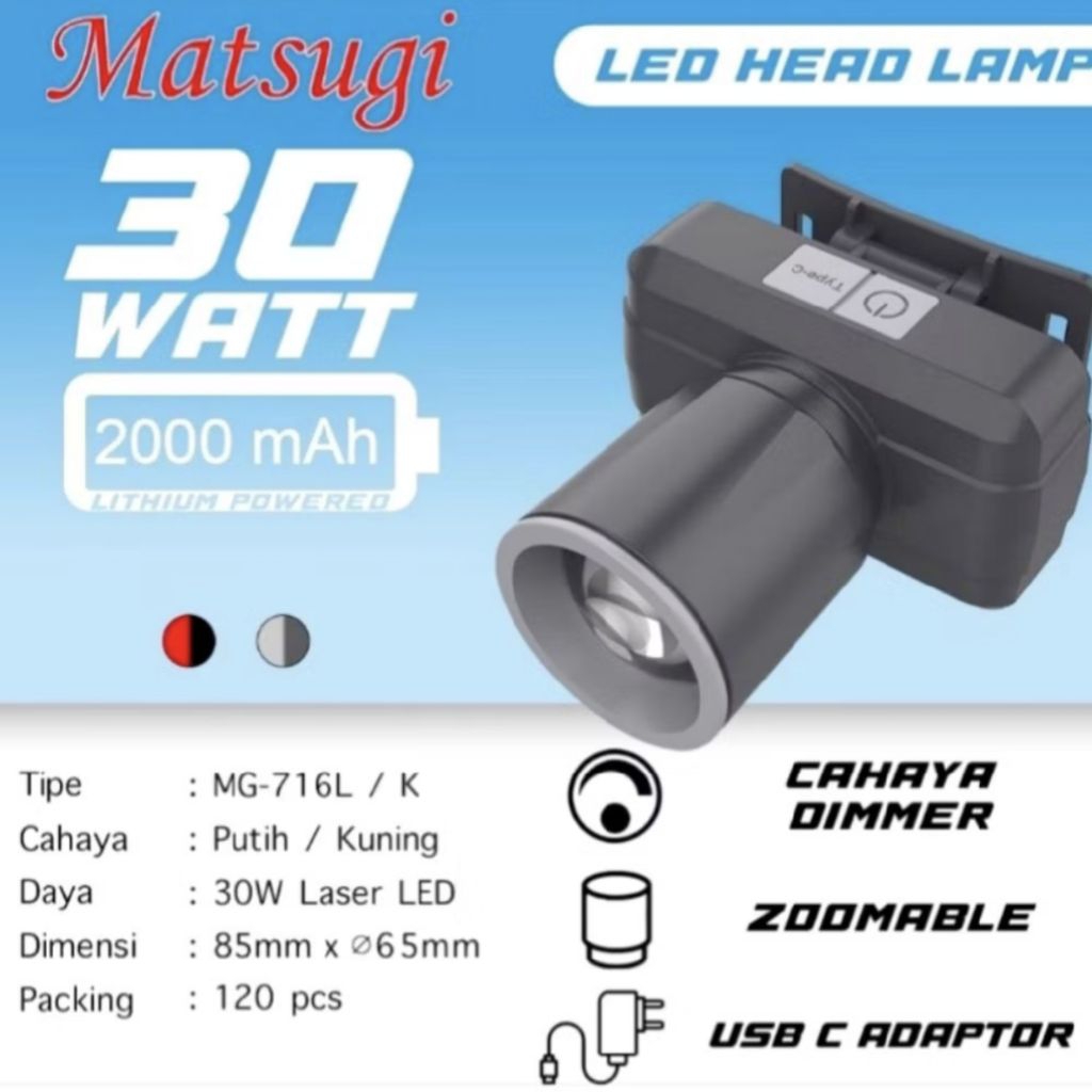 Senter kepala Zoom LED MATSUGI MG-716L 30W daya isi ulang cas putih super terang