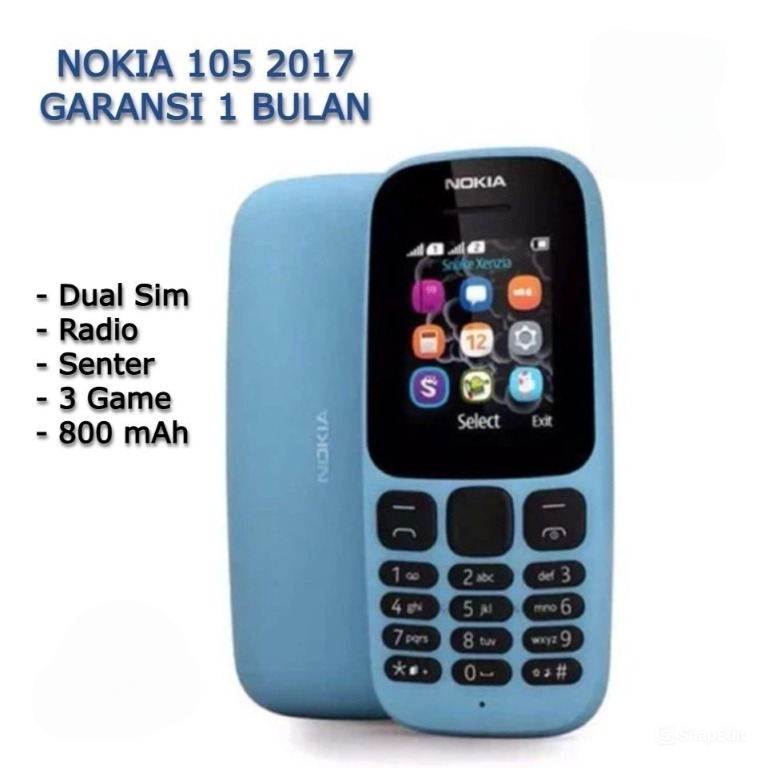 HP NOKIA 105 2017 BARU GARANSI 1 BULAN DUAL SIM RADIO SENTER GAME 800mAh