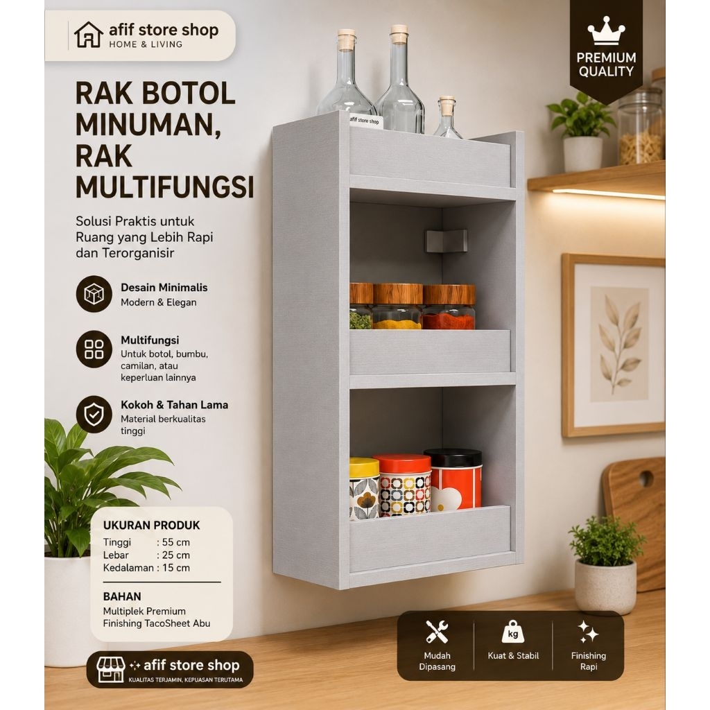 Rak botol minuman estetik, rak multifungsi, rak dinding.