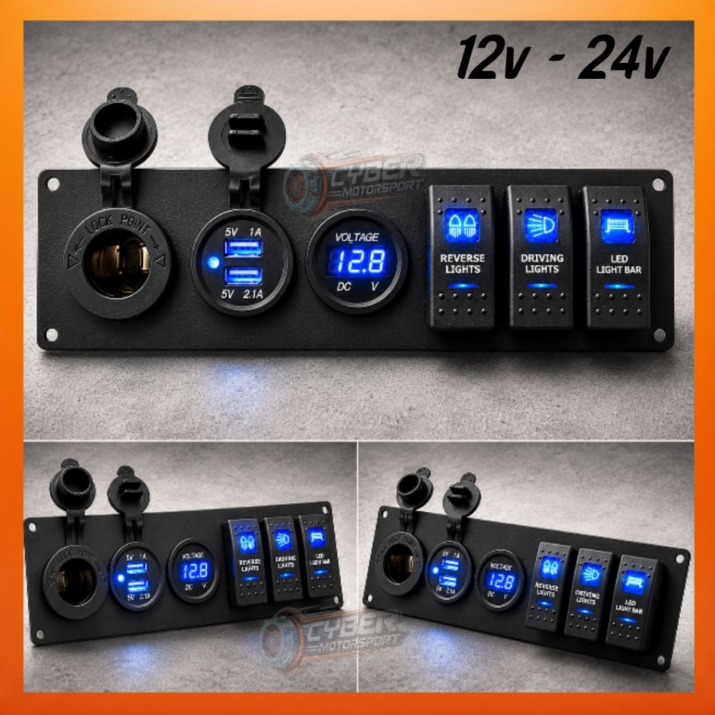 Dashboard mobil panel saklar led usb charger dc port volt meter dc outlet power socket. sakelar mobi
