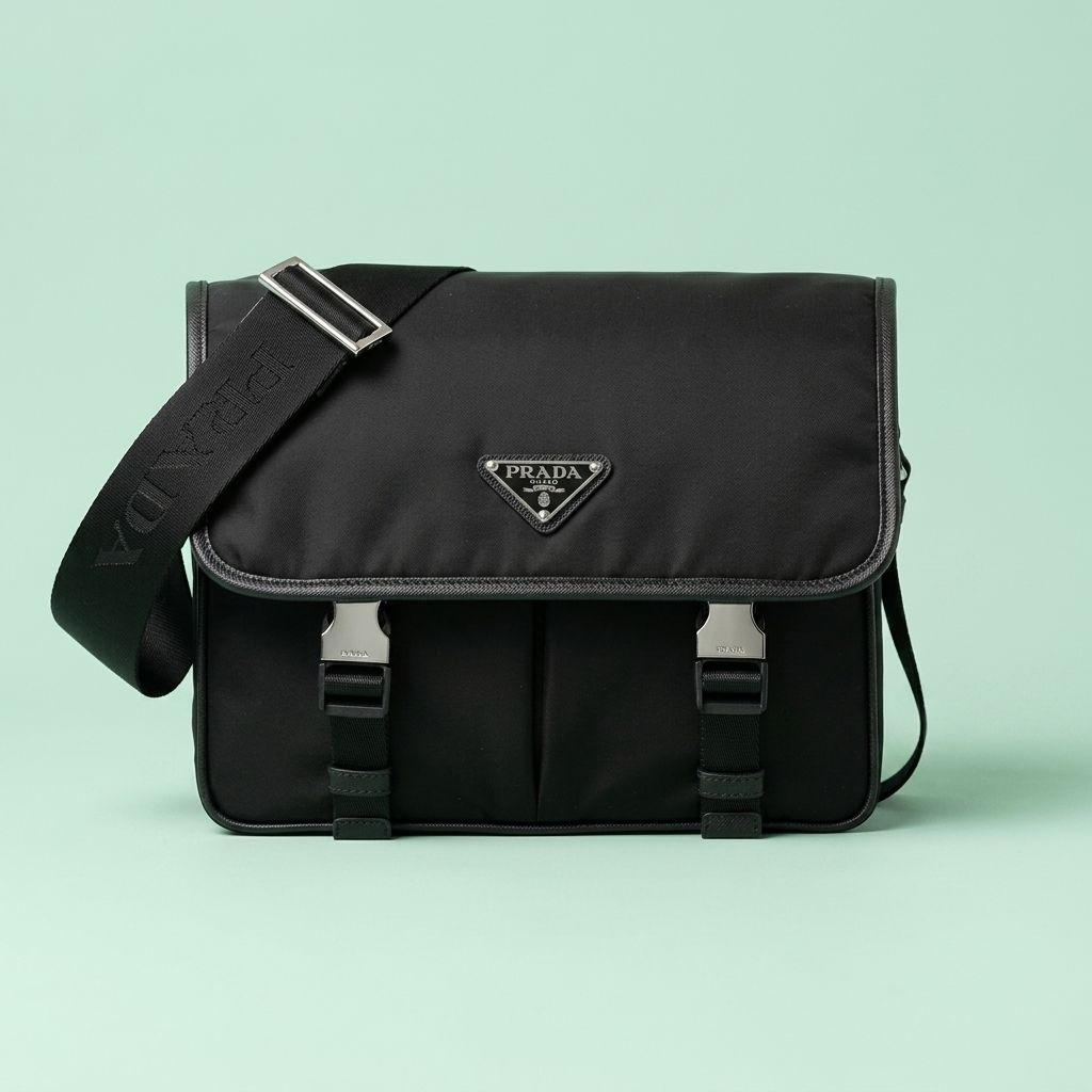 Tas Bahu Re-Nylon dan Kulit Saffiano Brand PRADA dengan Penutup dan Kantong Gesper Ganda, Warna Hita