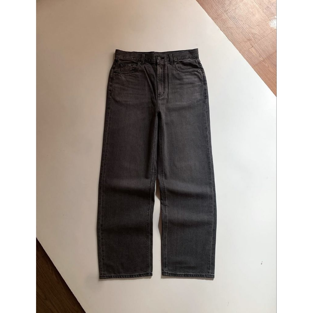GU Japan Wide Jeans Dark Grey Washed Chain Stitch